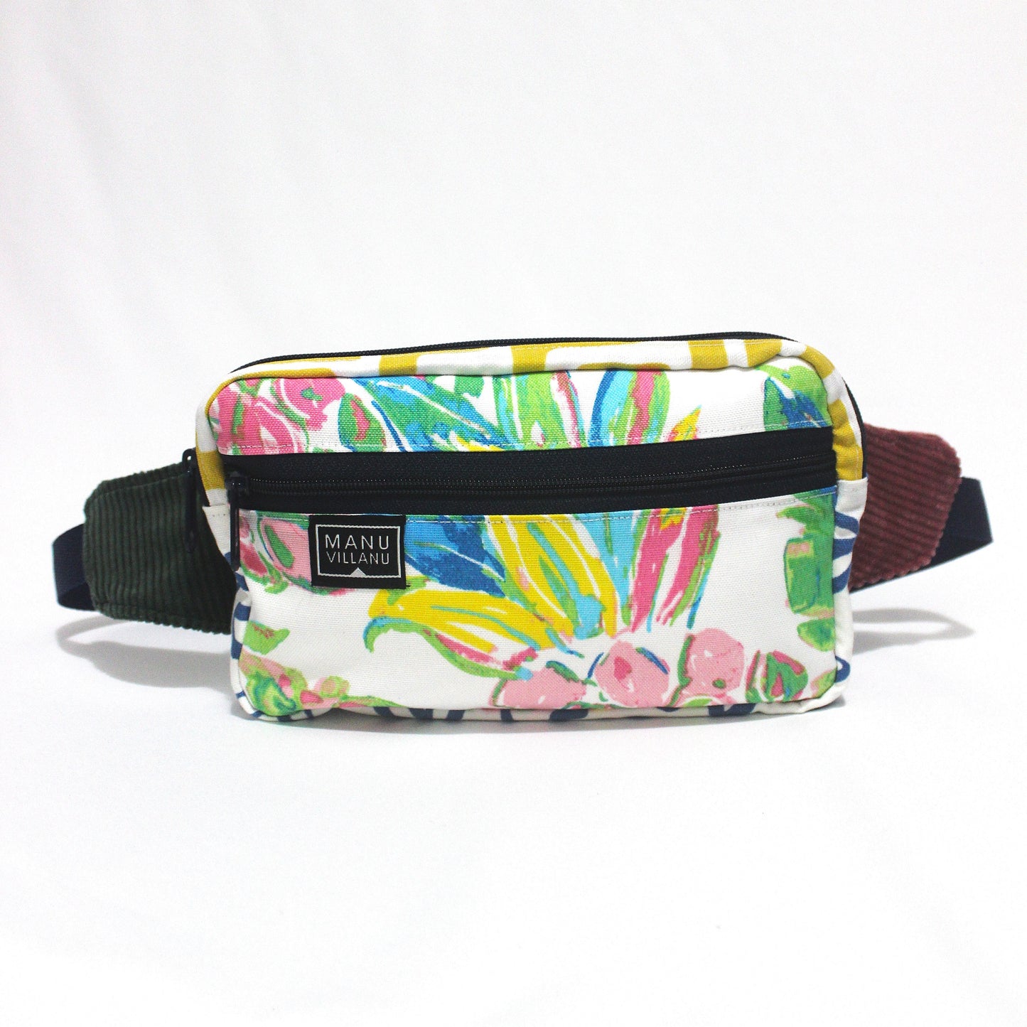 Colorful patterned fanny pack with a visible brand logo on a white background