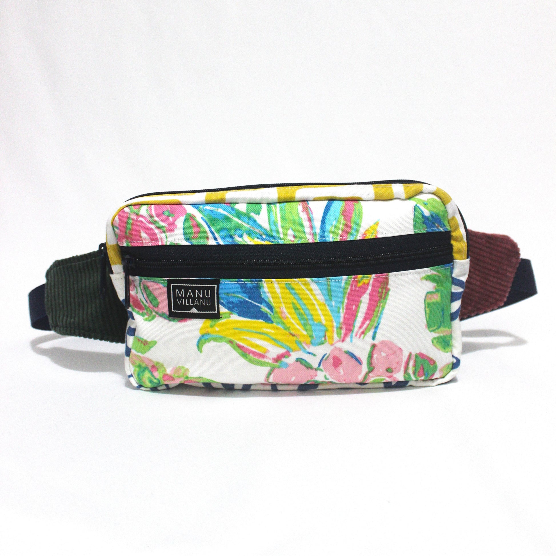 Colorful patterned fanny pack with a visible brand logo on a white background