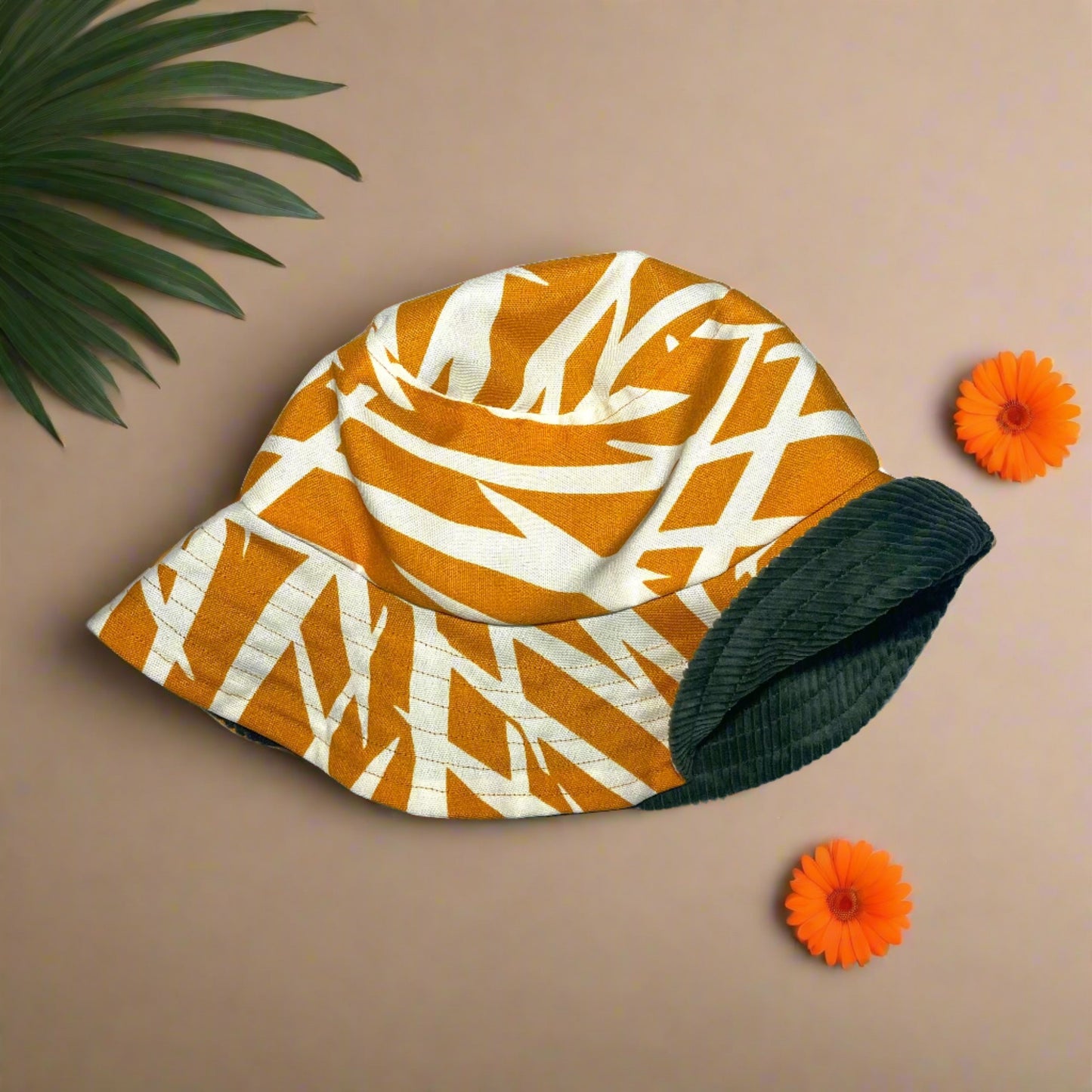 Palm Orange & Green Corduroy Reversible Bucket Hat