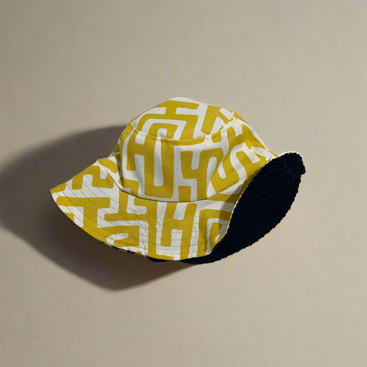 Yellow Maze / Navy Corduroy Reversible Bucket Hat