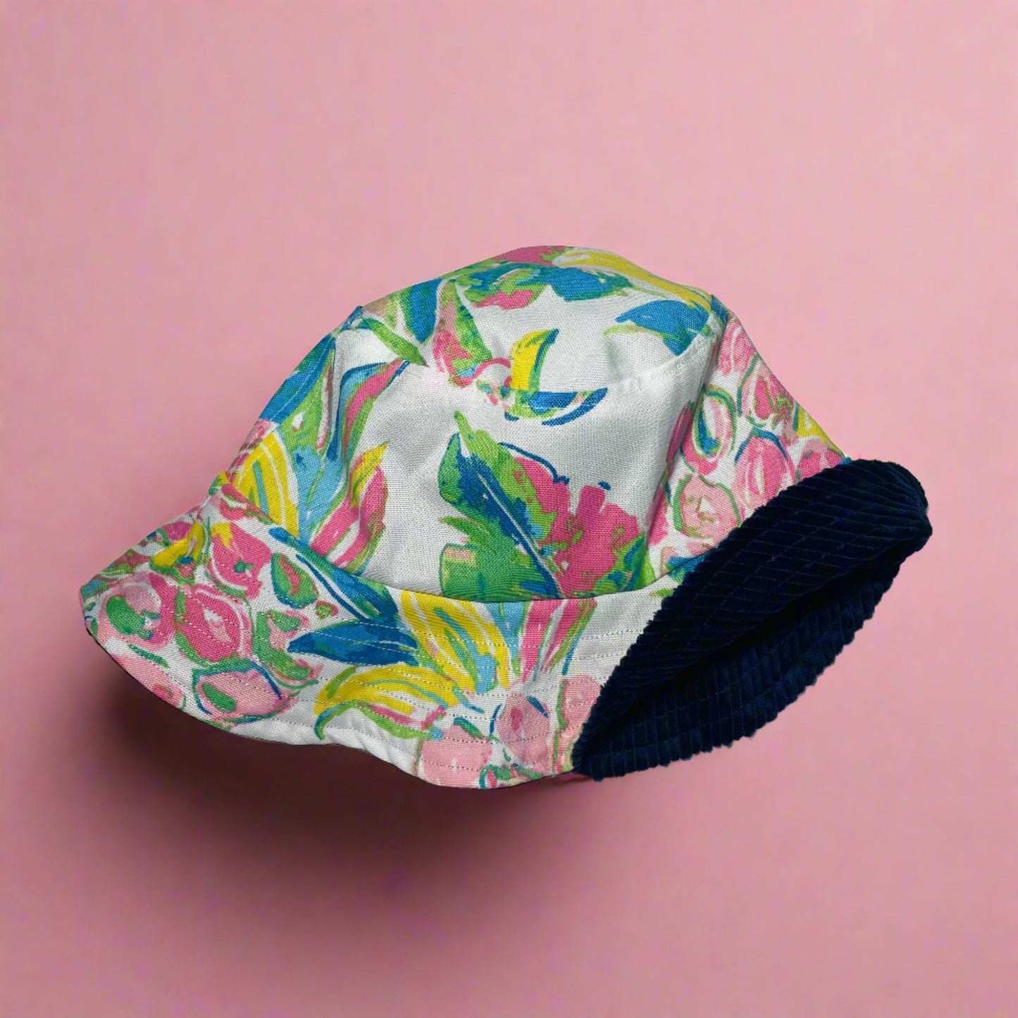 Colorful Tropical / Navy Corduroy Reversible Bucket Hat