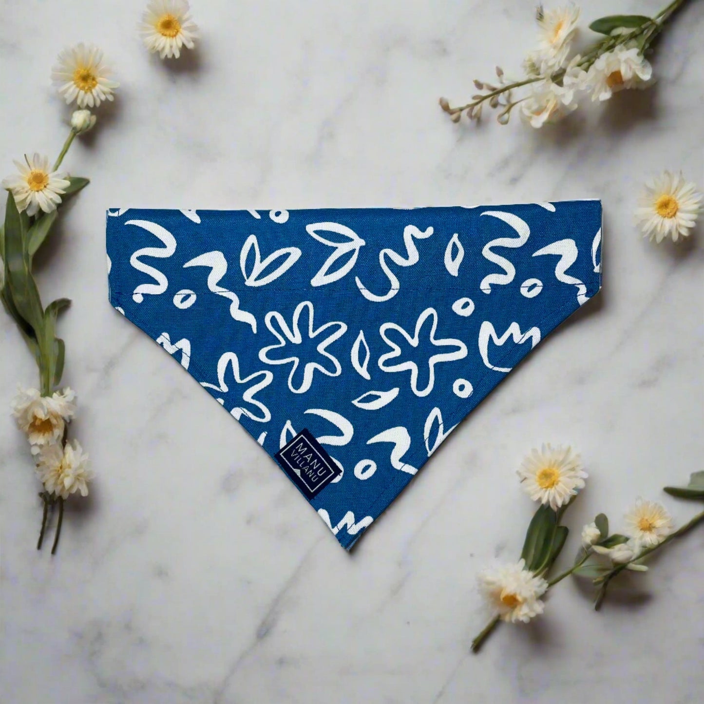 Blue Floral Dog Bandana - Over the Collar