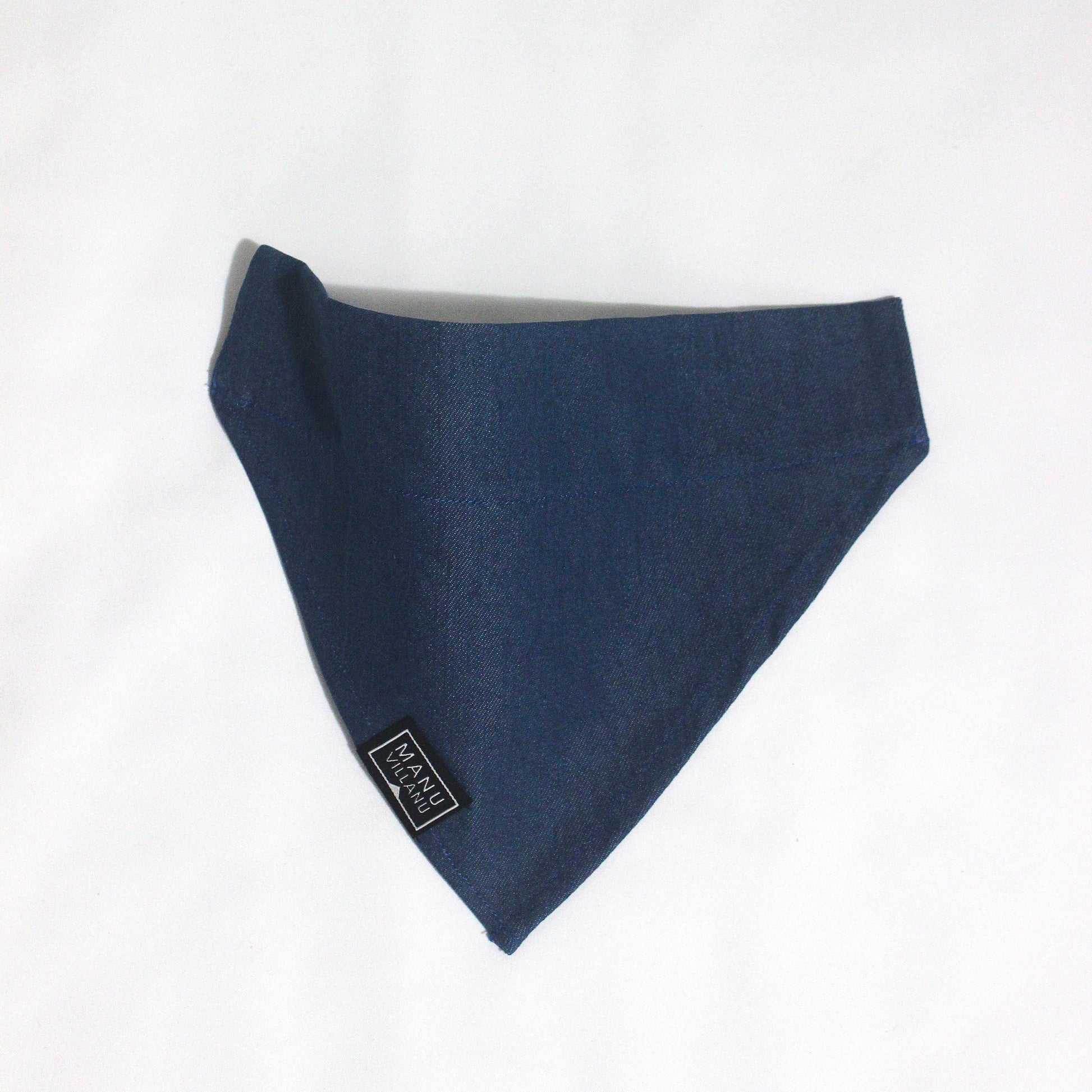 Denim bandana with a brand label on a white background